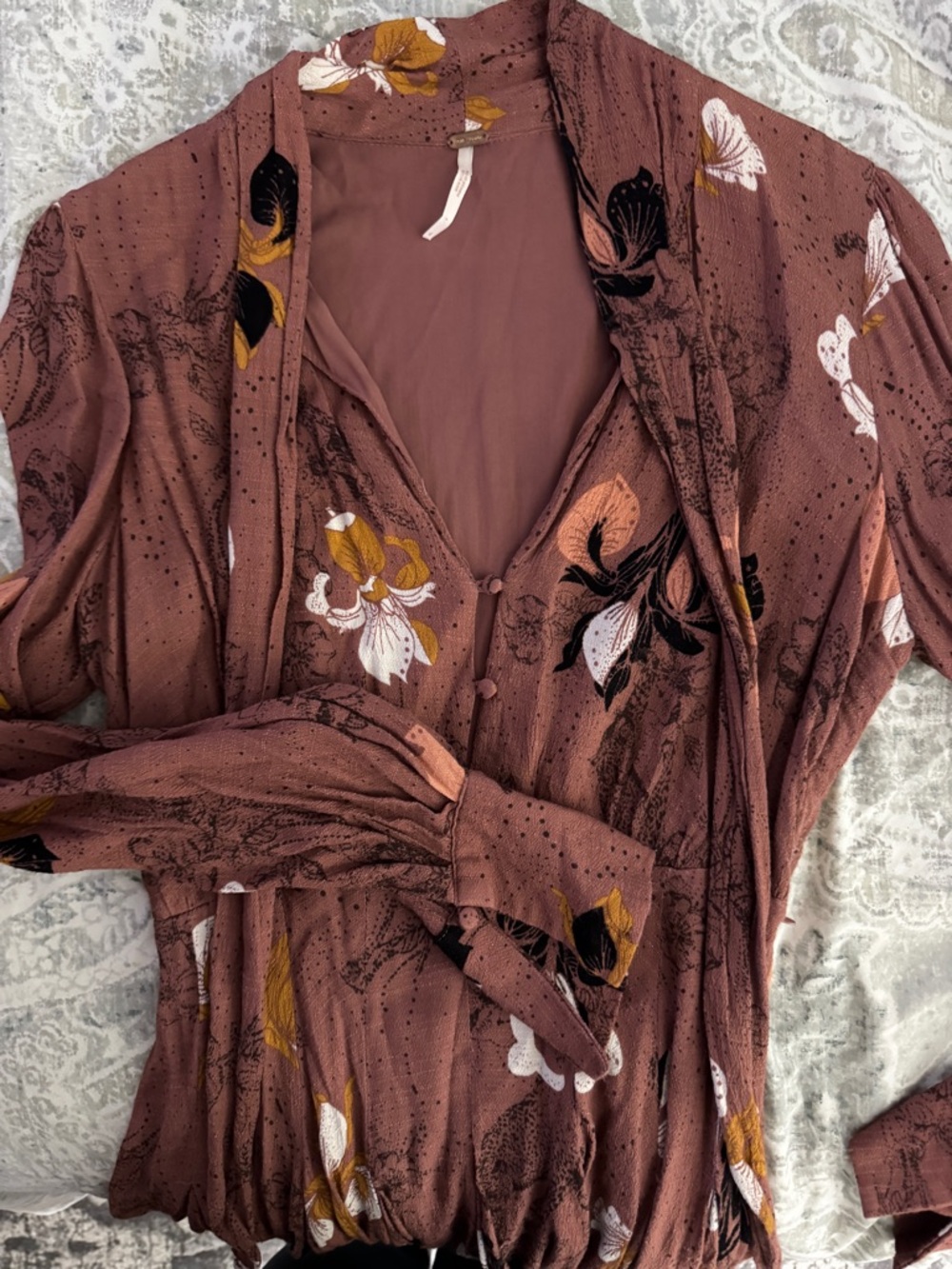 Free People Mauve Floral Long-Sleeve Tie-Neck Dress - Picture 6 of 6